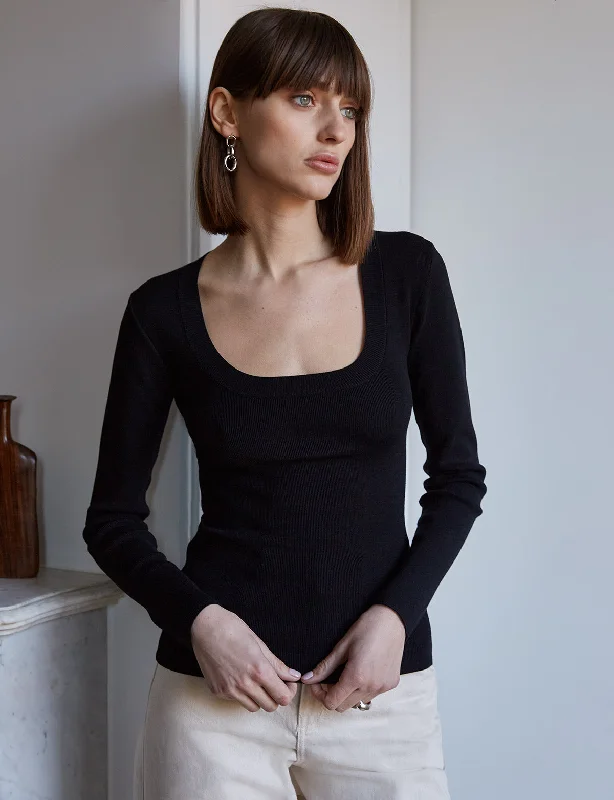Black Scoop Neck Knit Top Classic Women's Tweed