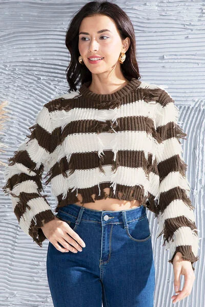 Striped Fringe Round Neck Sweater garde