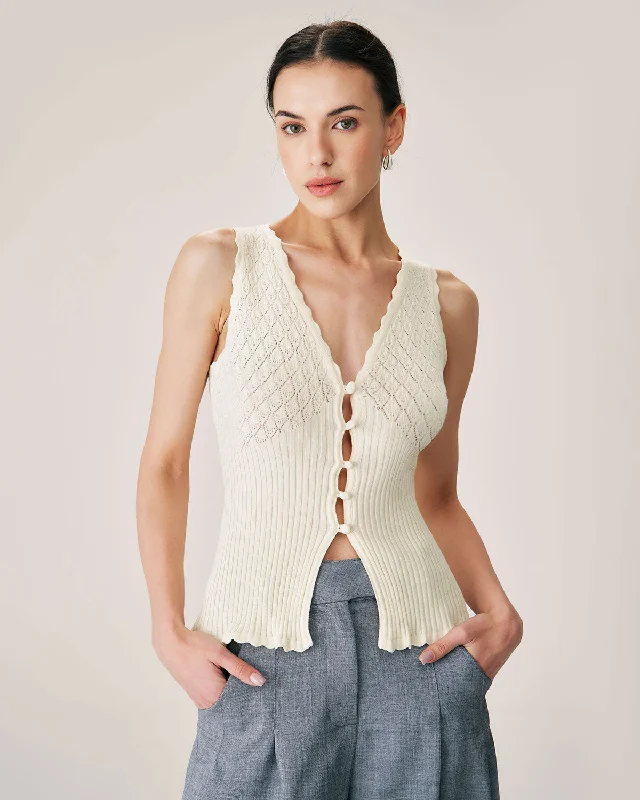 Beige V Neck Ribbed Knit Tank Sleek Women's 