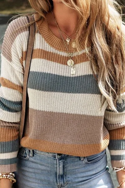 Striped Round Neck Dropped Shoulder Sweater Dapper Women's 1920S
