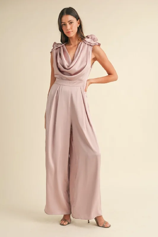 MABLE 3D Floral Applique Deep Cowl Neck Jumpsuit purpose