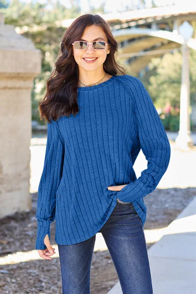 Basic Bae Full Size Ribbed Round Neck Long Sleeve Knit Top Dynamic Women's Moto