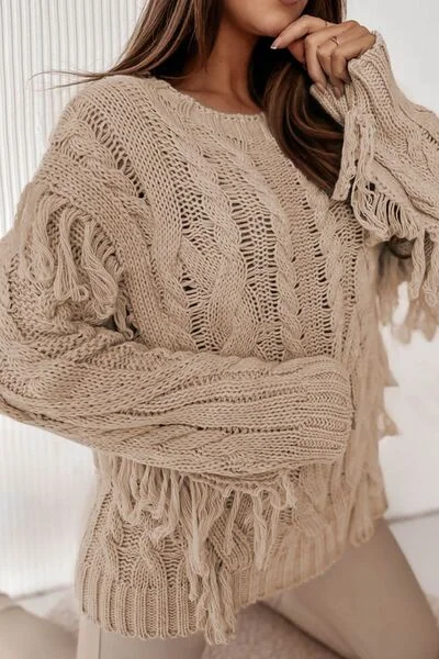Cable-Knit Fringe Round Neck Sweater Practical Women's Quick - dry