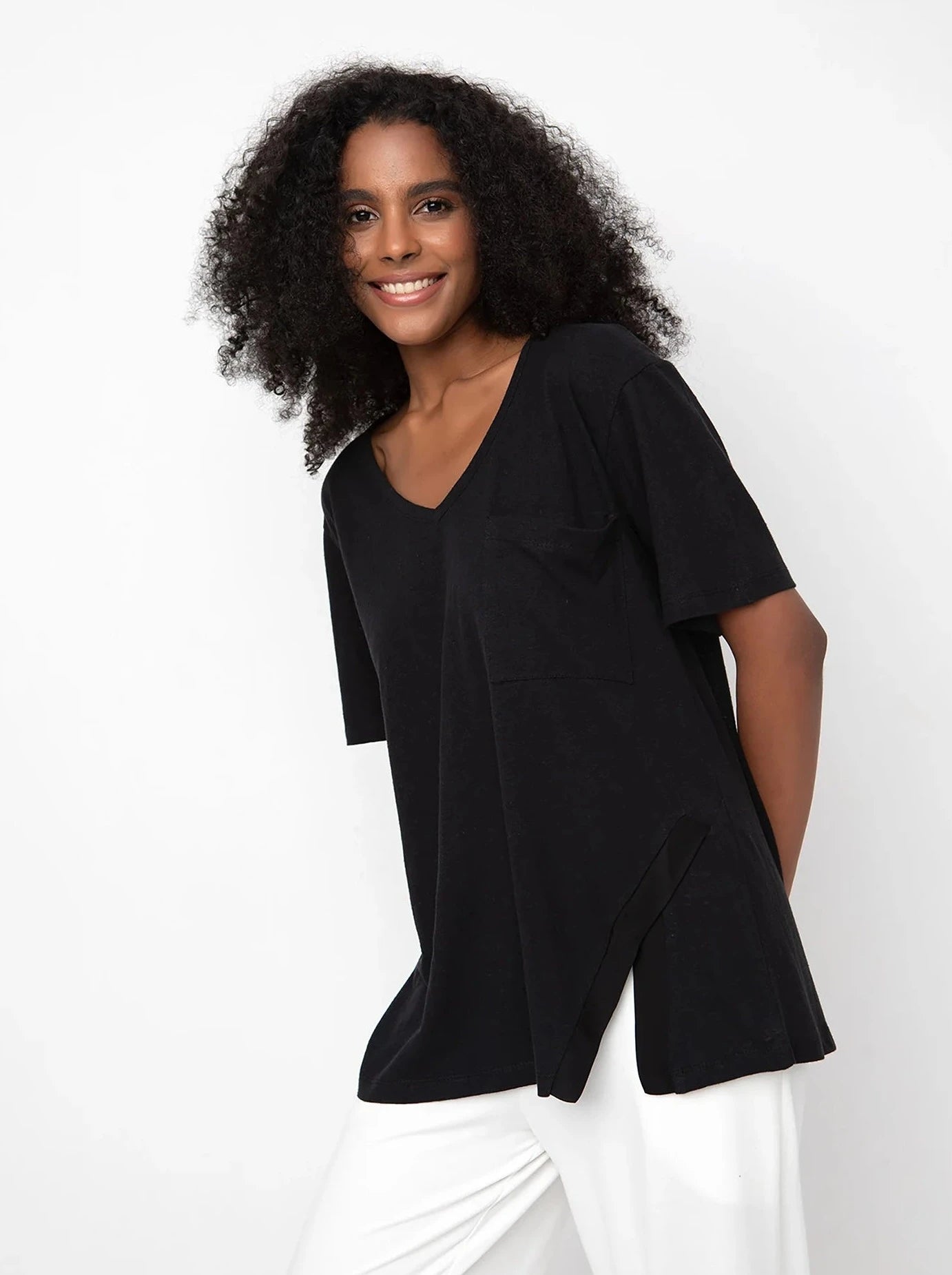 Black Knit V Neck Top Business