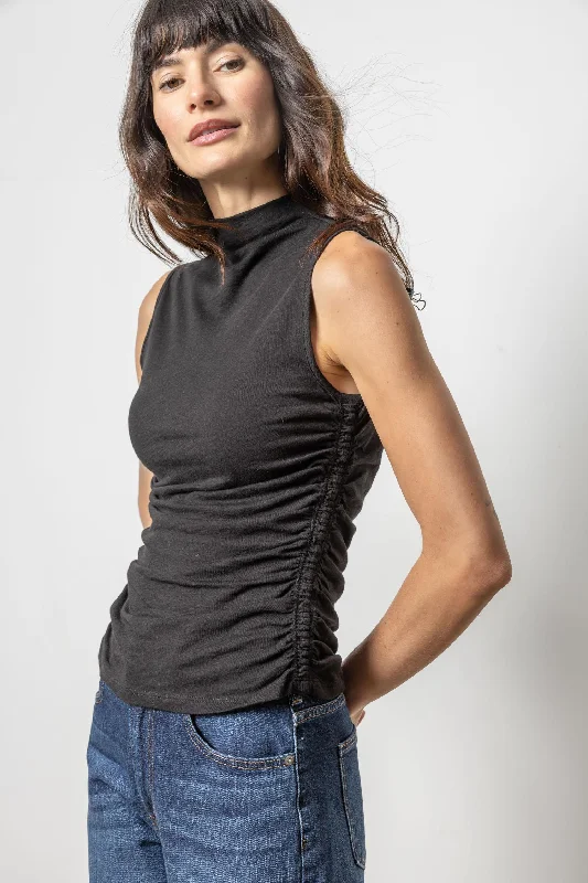 Shirred Mock Neck Tank | Black Relaxed Women's Beachy