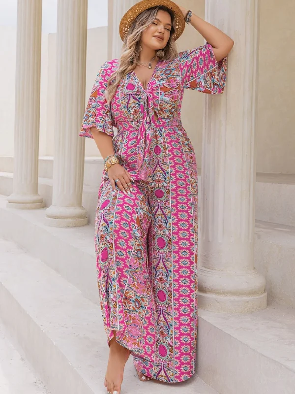 Plus Size Printed Half Sleeve Wide Leg Jumpsuit Feminine Women's Style 