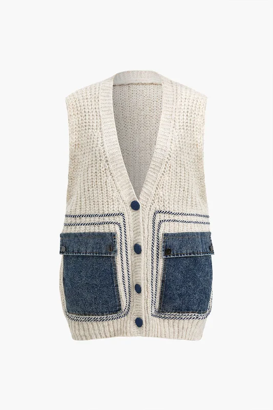 Denim Patchwork Pocket Sweater Vest Geometric