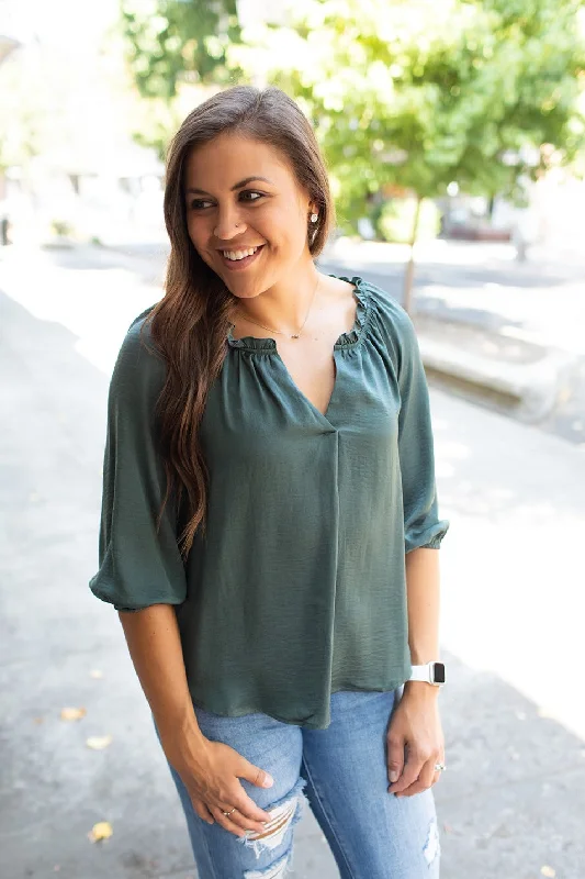 Dk Teal Textured Satin Vneck 3/4 Blouse (SM-3X) Traditional Women's 