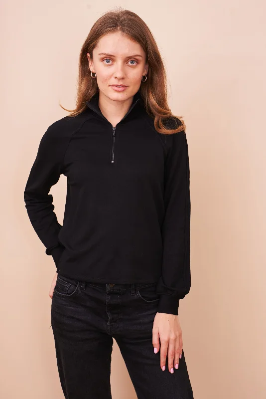 French Terry Long Sleeve Mock Neck in Noir Preppy Women's College
