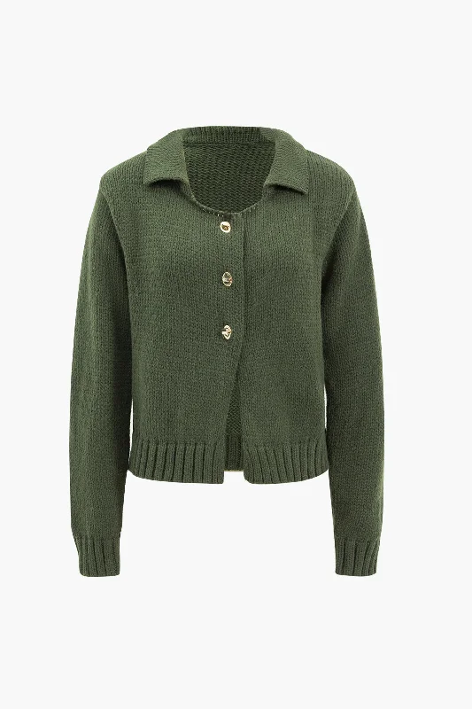 Knitted Metallic Button Long-Sleeve Top Practical Women's Multi - 