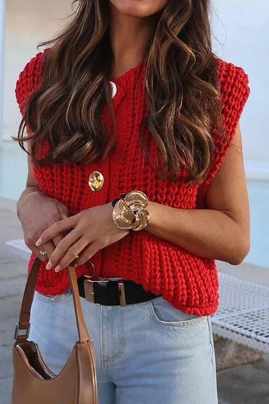 Solid Knit Button Up Vest Casual Women's Japanese 
