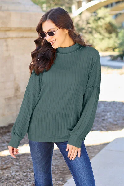 Basic Bae Full Size Ribbed Exposed Seam Mock Neck Knit Top Monochromatic Office Style