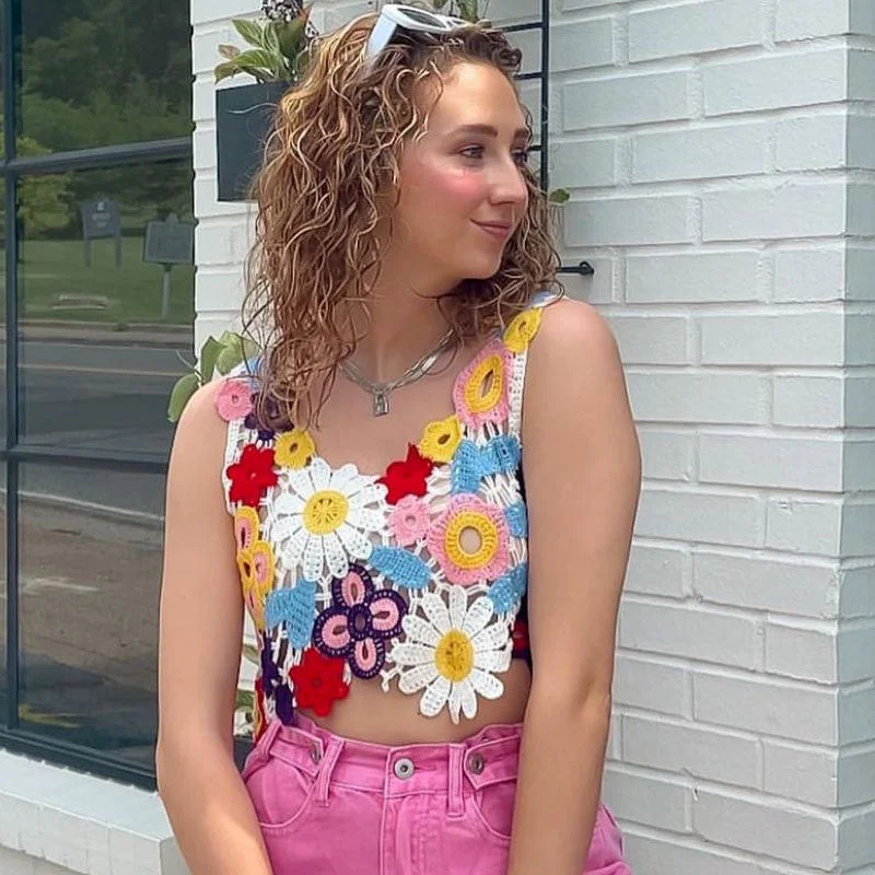 Summer Scoop Neck Multicolor Flower Asymmetrical Crochet Crop Tank Top French