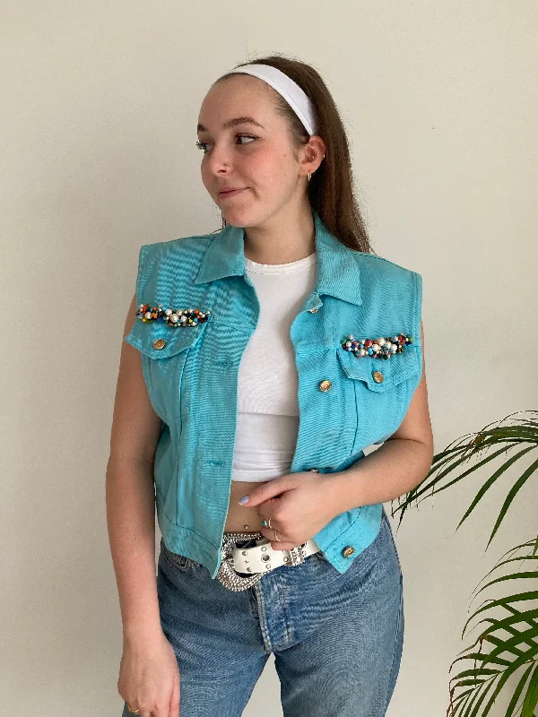 Sky Blue Sleeveless Denim Jacket (S) Youthful Women's Pop