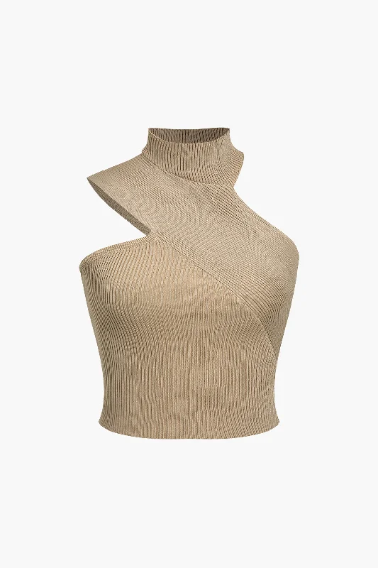 Solid Knit Asymmetrical Mock Neck Tank Top Relaxed Women's 