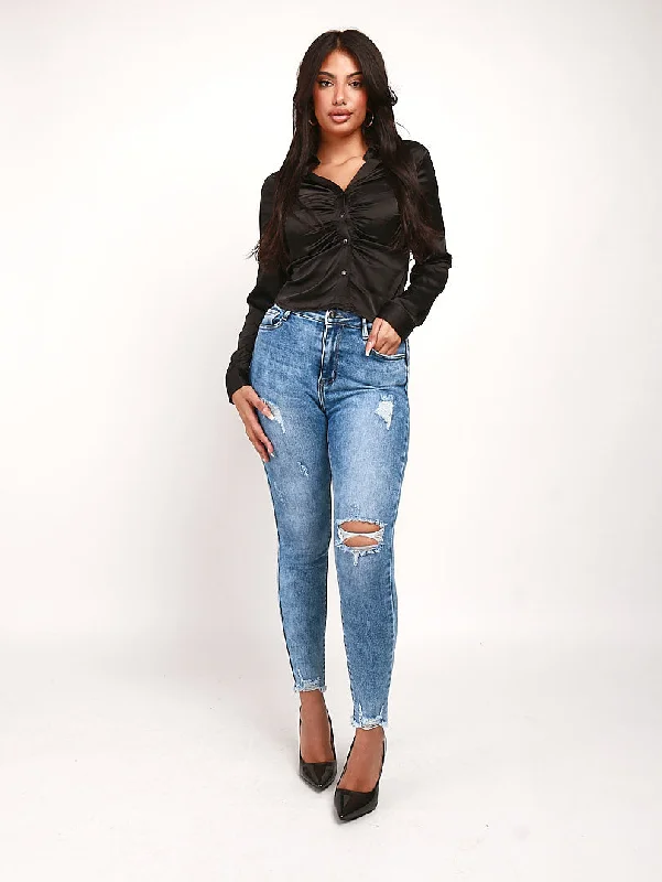 Jeans bleu foncé 5 poches 1 bouton Laid - back Women's Style