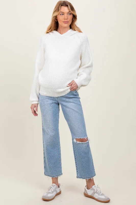 Light Blue Distressed Open Knee Maternity Straight Leg Jeans Bold Women's Animal Print