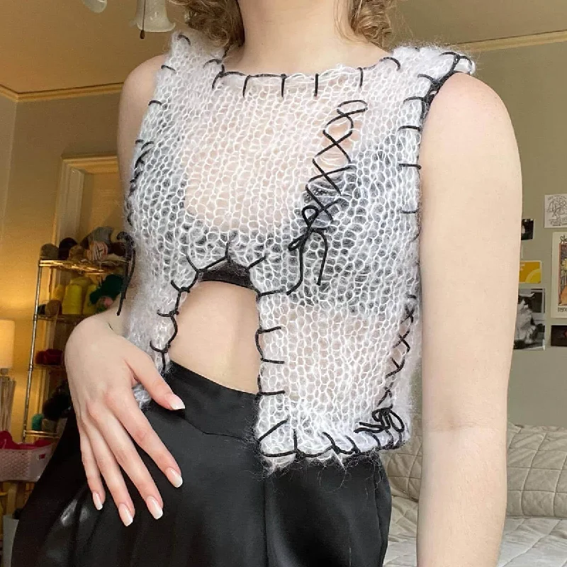 Retro Contrast Lace Up Bow Tie Front Slit Crochet Ripped Knit Crop Tank Top Cashmere Retro Contrast Lace Up Bow Tie Front Slit Crochet Ripped Knit Crop Tank Top Cashmere