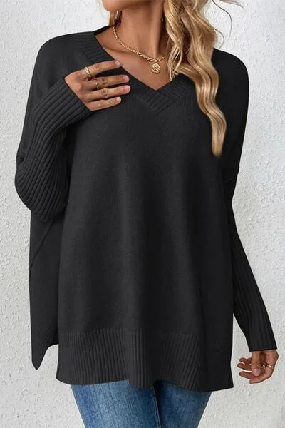 Slit V-Neck Dropped Shoulder Sweater Sleek Women's Metallic