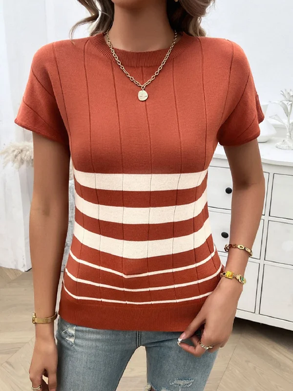 Striped Round Neck Short Sleeve Knit Top Sleek Women's 
