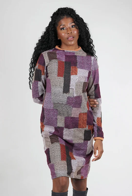 Brushed Contrast Trim Print Dress, Plum/Rust Streetwear Style for 