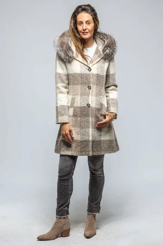 Celine Plaid Coat W/ Fur Trim Hood In Beige Sleek Women's 