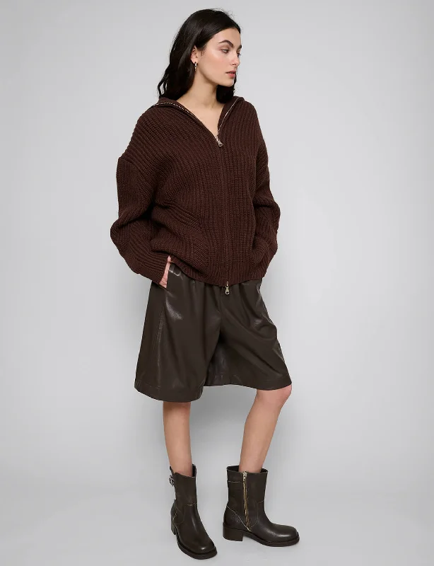 Brown Zip Funnel Neck Sweater Sophisticated Women's Tailored