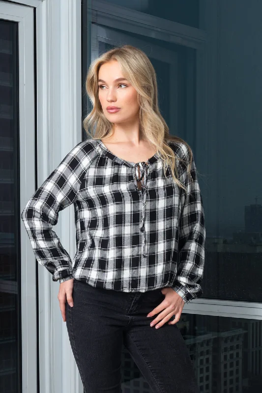 Round Neck 3/4 Sleeve Roll-up Plaid Print Top With Elastic Detail On Waist (16693) Luxurious Women's High -  end