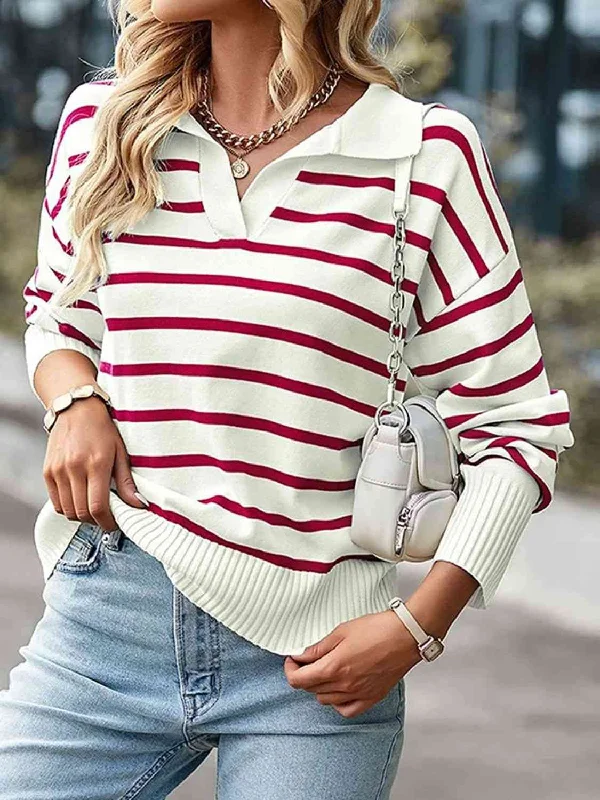 Striped Collared Neck Knit Top Athletic Women's 