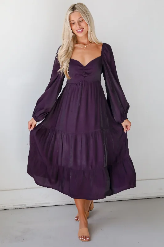 Exquisite Marvel Plum Tiered Midi Dress Relaxed Women's 