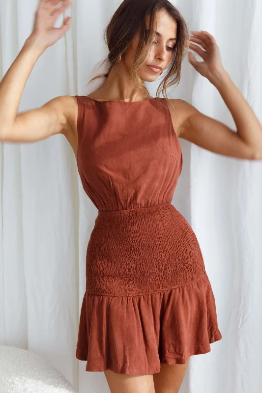 Antonine Elasticated Straps Shirred Waist Mini Dress Cinnamon Modern Women's Tech