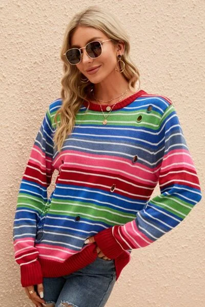 Striped Distressed Cutout Round Neck Sweater Athletic Women's High - 