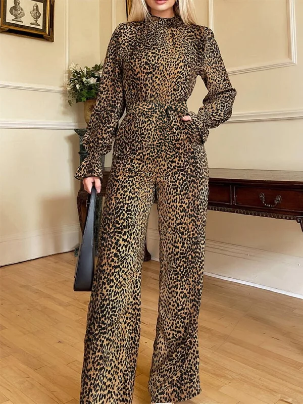 Leopard Flounce Sleeve Wide Leg Jumpsuit Dynamic Women's Moto