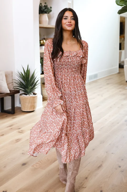 Elevated Invite Rust Floral Midi Dress Sleek Women's Metallic