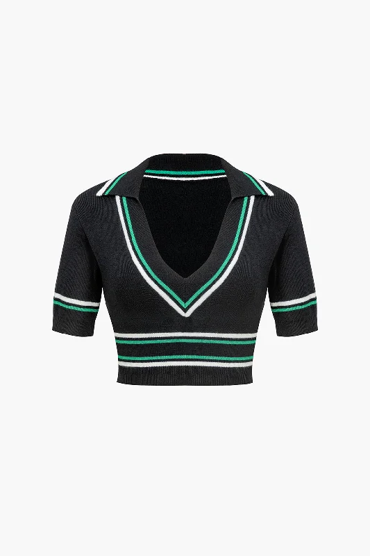Knit Color Block V-neck Short-Sleeve Top Scandinavian