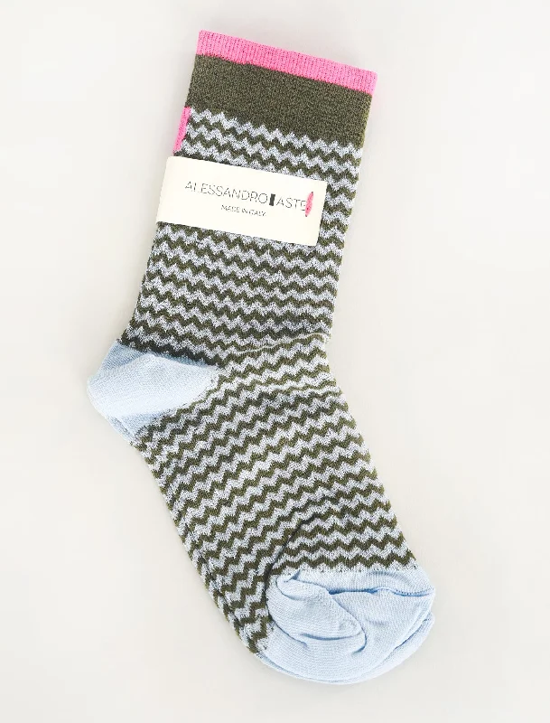 Wavy Stripe Socks, Powder Blue/Olive Athletic Women's 