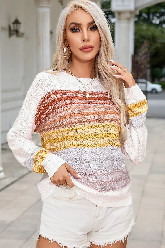 Round Neck Printed Dropped Shoulder Knit Top Sleek Women's Metallic
