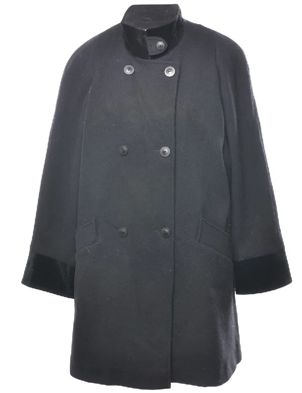 Black Double Breasted Wool Coat - L Polished Women's Silk