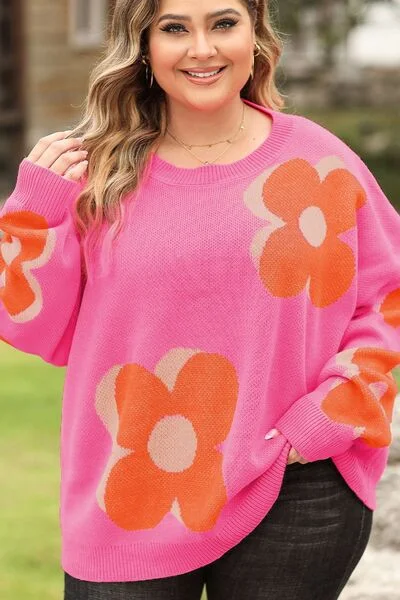 Plus Size Flower Graphic Round Neck Dropped Shoulder Sweater garde