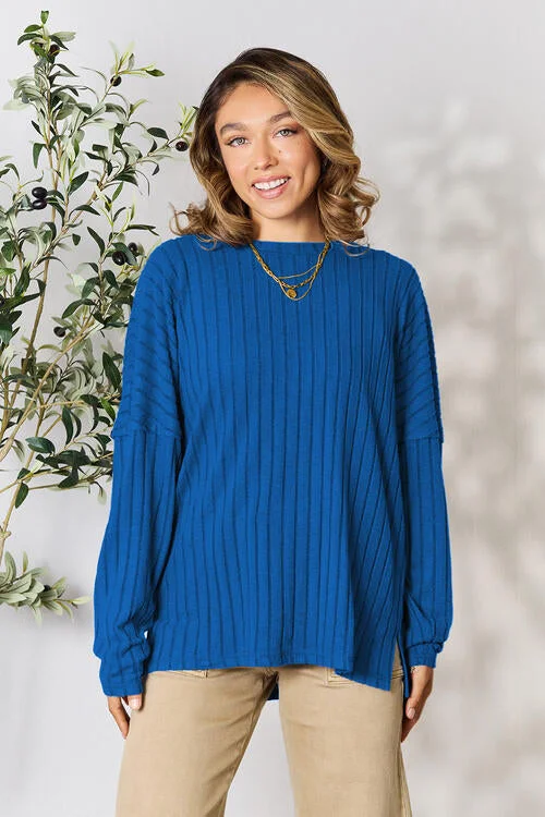Basic Bae Full Size Ribbed Round Neck Slit Knit Top Compression