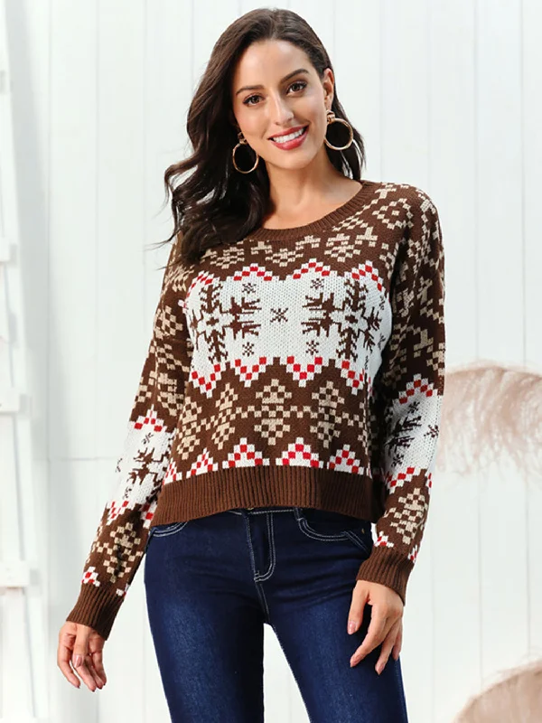 Snowflake Pattern Round Neck Sweater Earthy Women's 