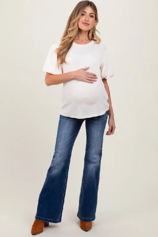 Navy Blue Washed Maternity Flare Jeans Minimalist Women's Casual