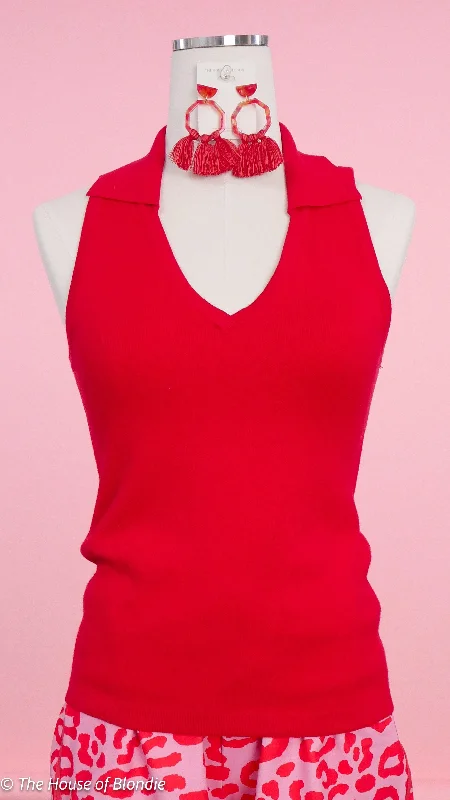 Heidi V-Neck Red Sleeveless Polo Bold Women's Statement