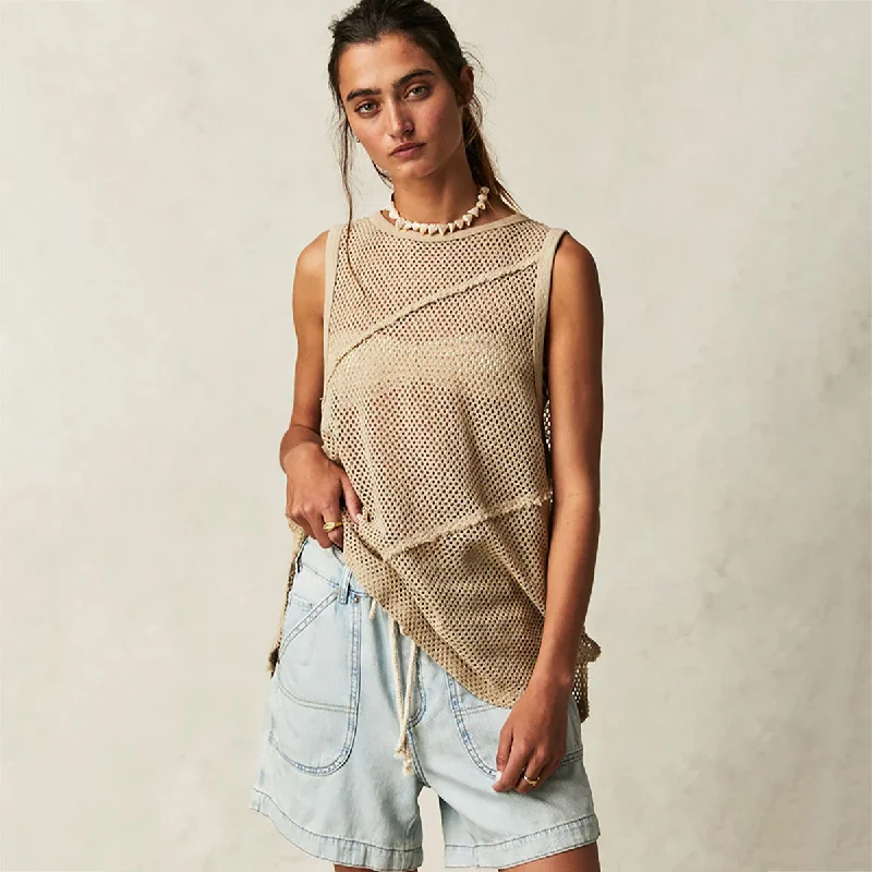 Athletic Crew Neck Solid Color Semi Sheer Open Knit Oversized Tank Top Artistic Women's Avant - 