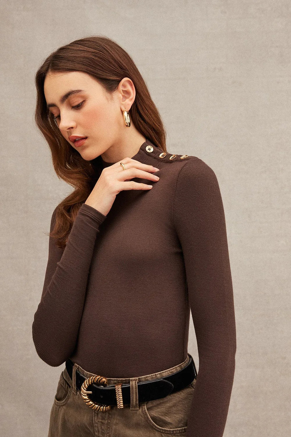 Goldie Marina Button Shoulder Mockneck Refined Women's Hand - crafted