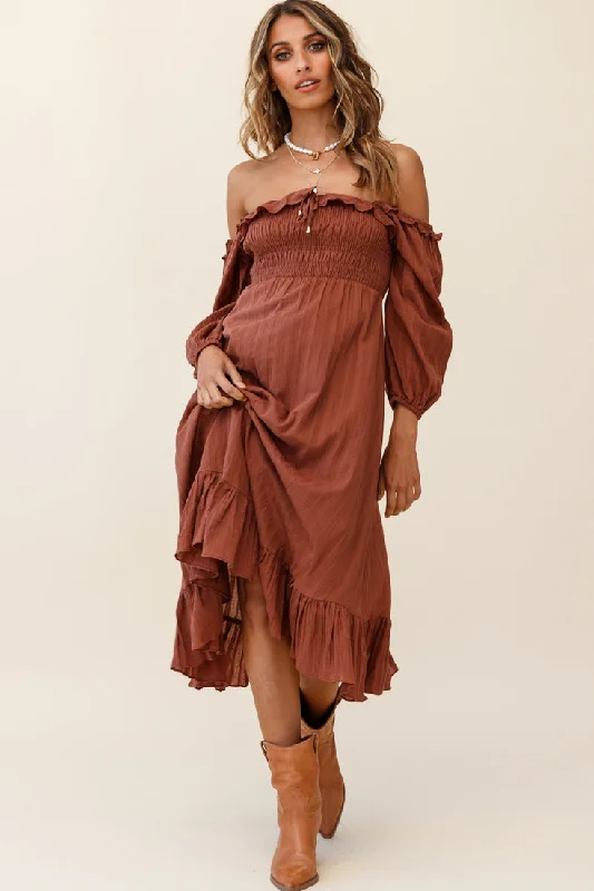 Flynn Off-Shoulder Shirred Bust Midi Dress Tan Minimalist Women's Casual
