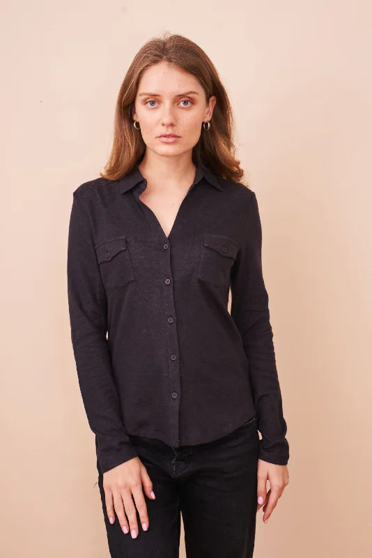 Cotton Cashmere Double Face Long Sleeve Pocket Shirt in Noir/Gris Chine Modern Women's Cotton Cashmere Double Face Long Sleeve Pocket Shirt in Noir/Gris Chine Modern Women's