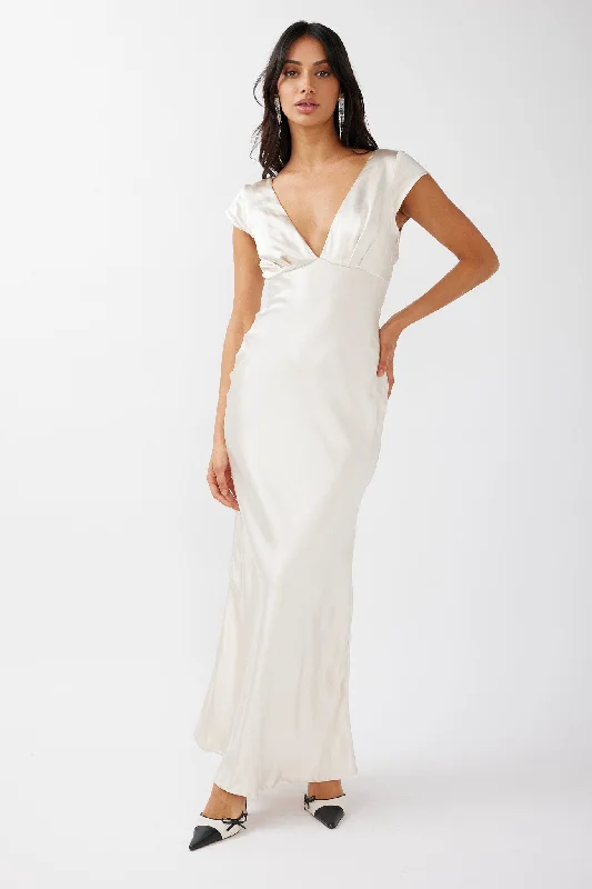 Lucinda V-Neck Twist Back Midi Dress Champagne Cozy Women's Sherpa - lined
