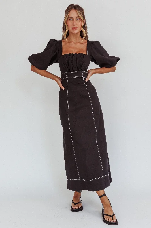 Sibille Puff Sleeve Contrast Stitch Dress Black Practical Women's Quick - dry