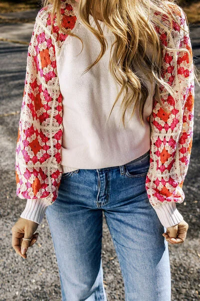 Flower Element Openwork Round Neck Sweater Casual Women's Japanese 